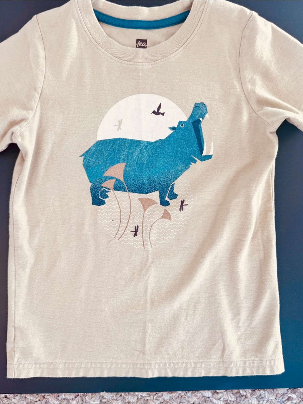 Tea Collection Cream Tee with Blue Hippo Graphic